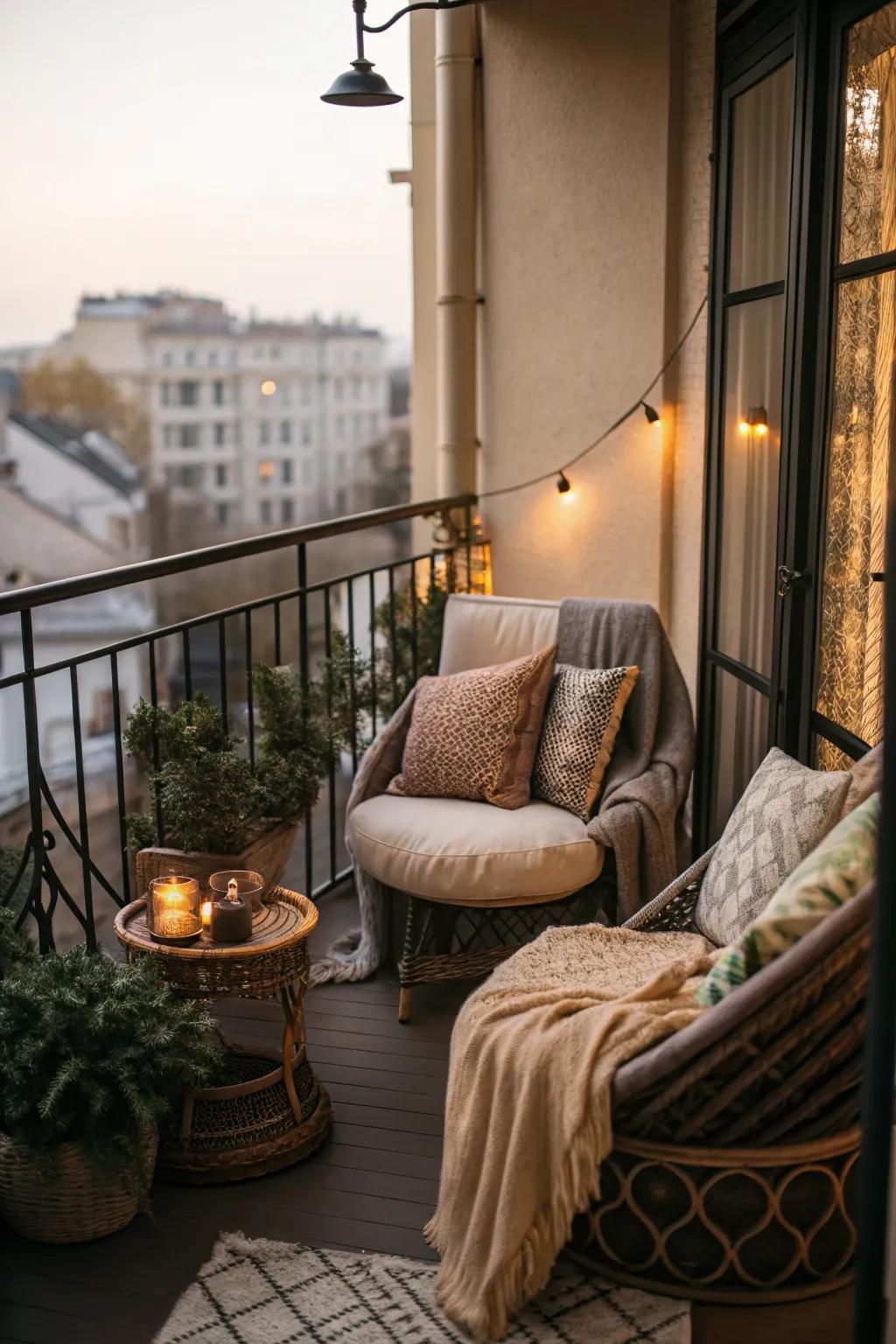 A cozy nook with seating and cushions offers a private escape.