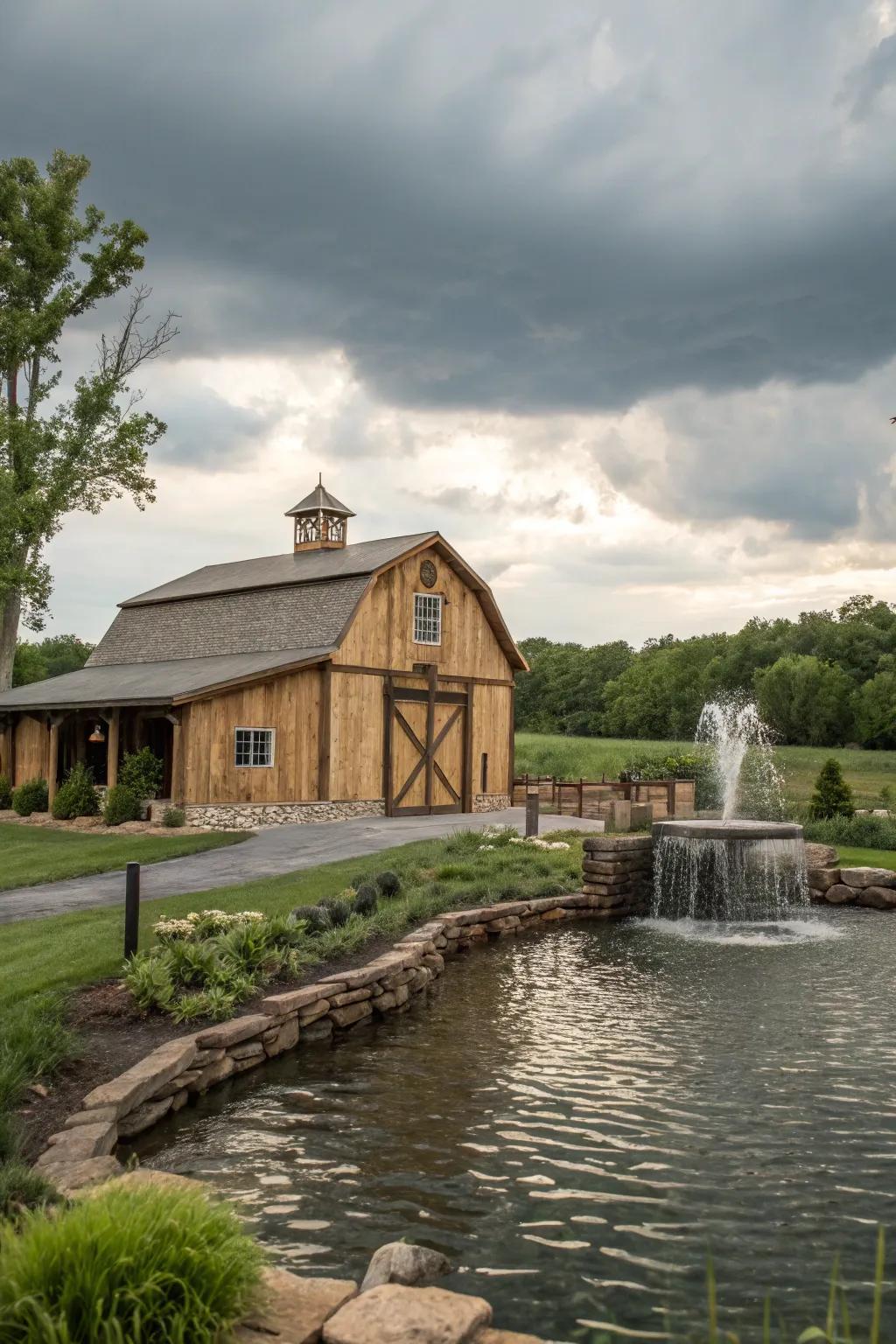 A serene water feature adds tranquility to this barn setting.