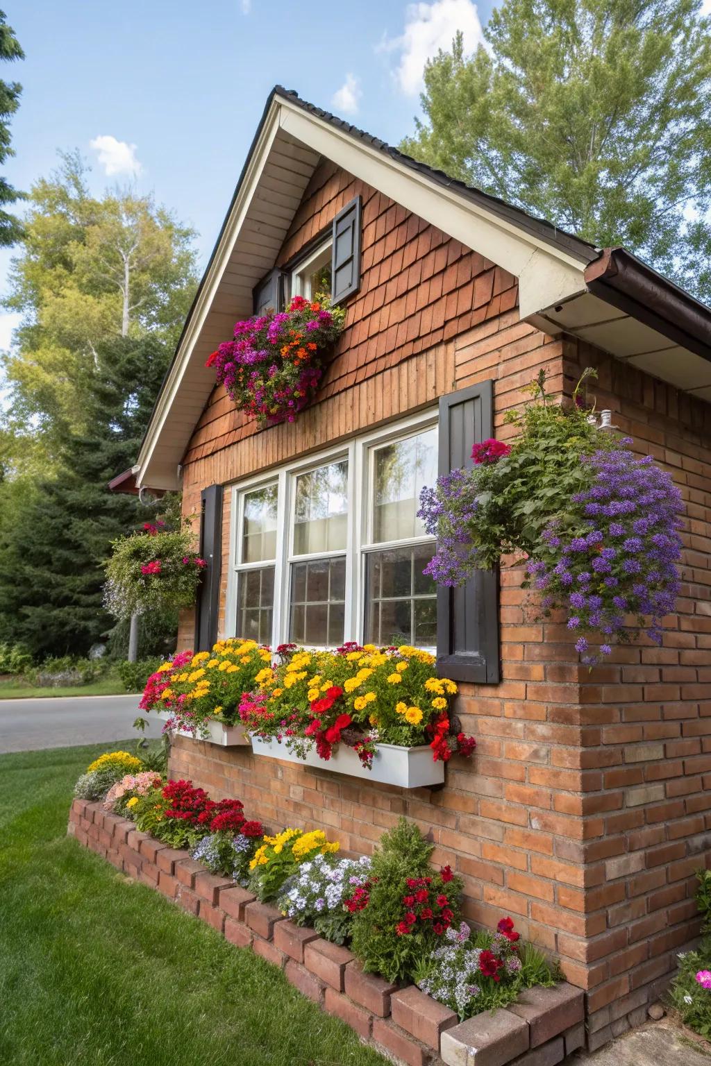 A small brick house with vibrant window boxes adding charm and color.