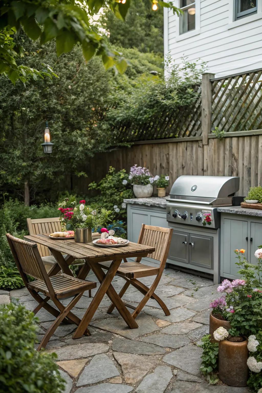 Al fresco dining by the grill is perfect for outdoor meals.