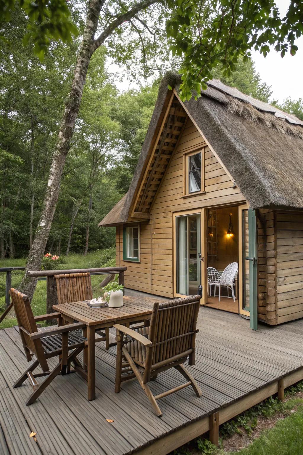 A cabin deck featuring inviting rustic furniture for relaxing outdoors.