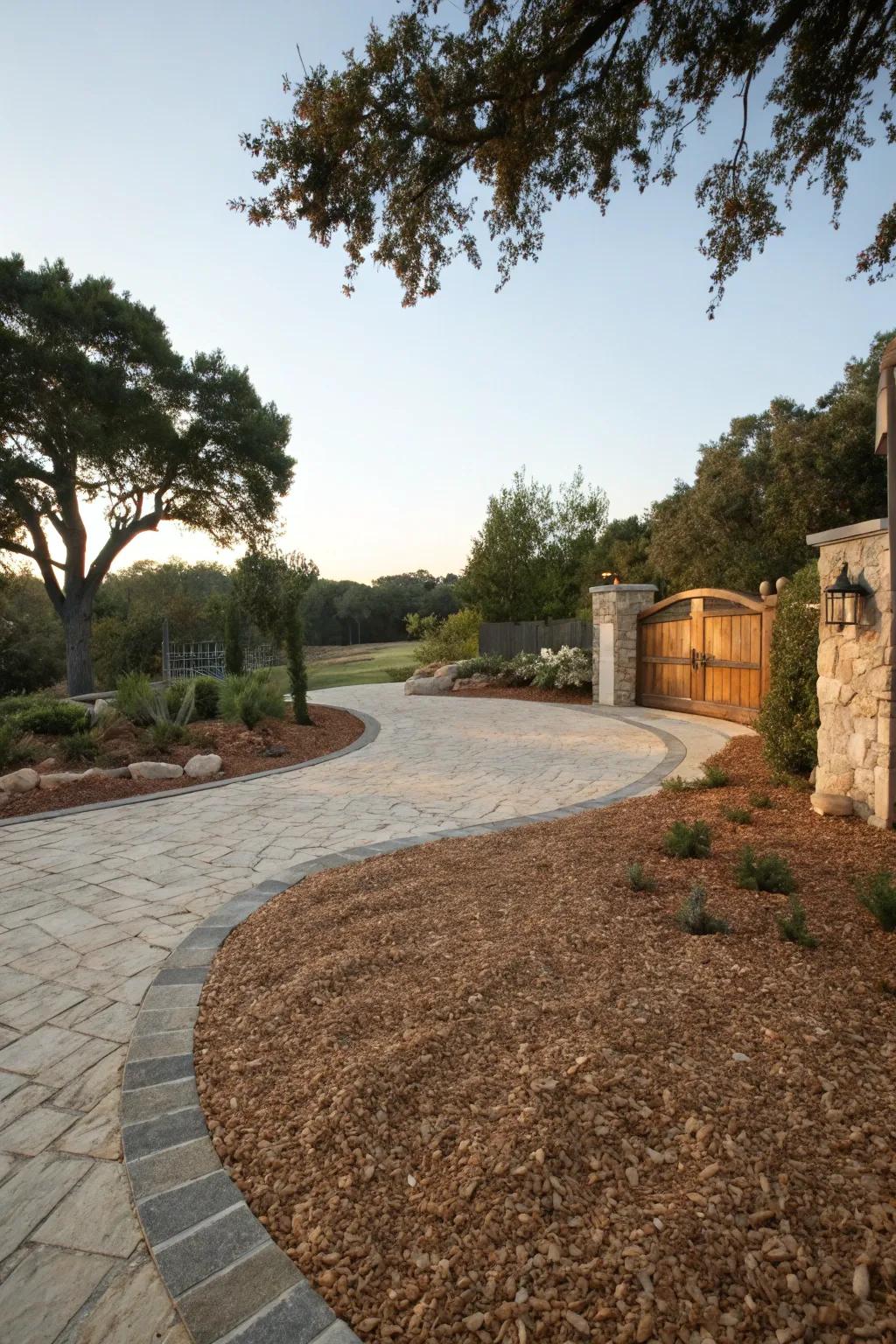Wood chips and stone pathways offer rustic charm.