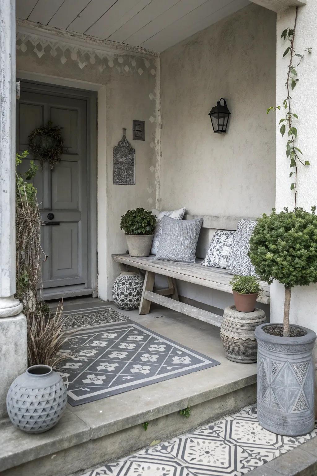 A small concrete porch with monochrome decor in shades of gray.