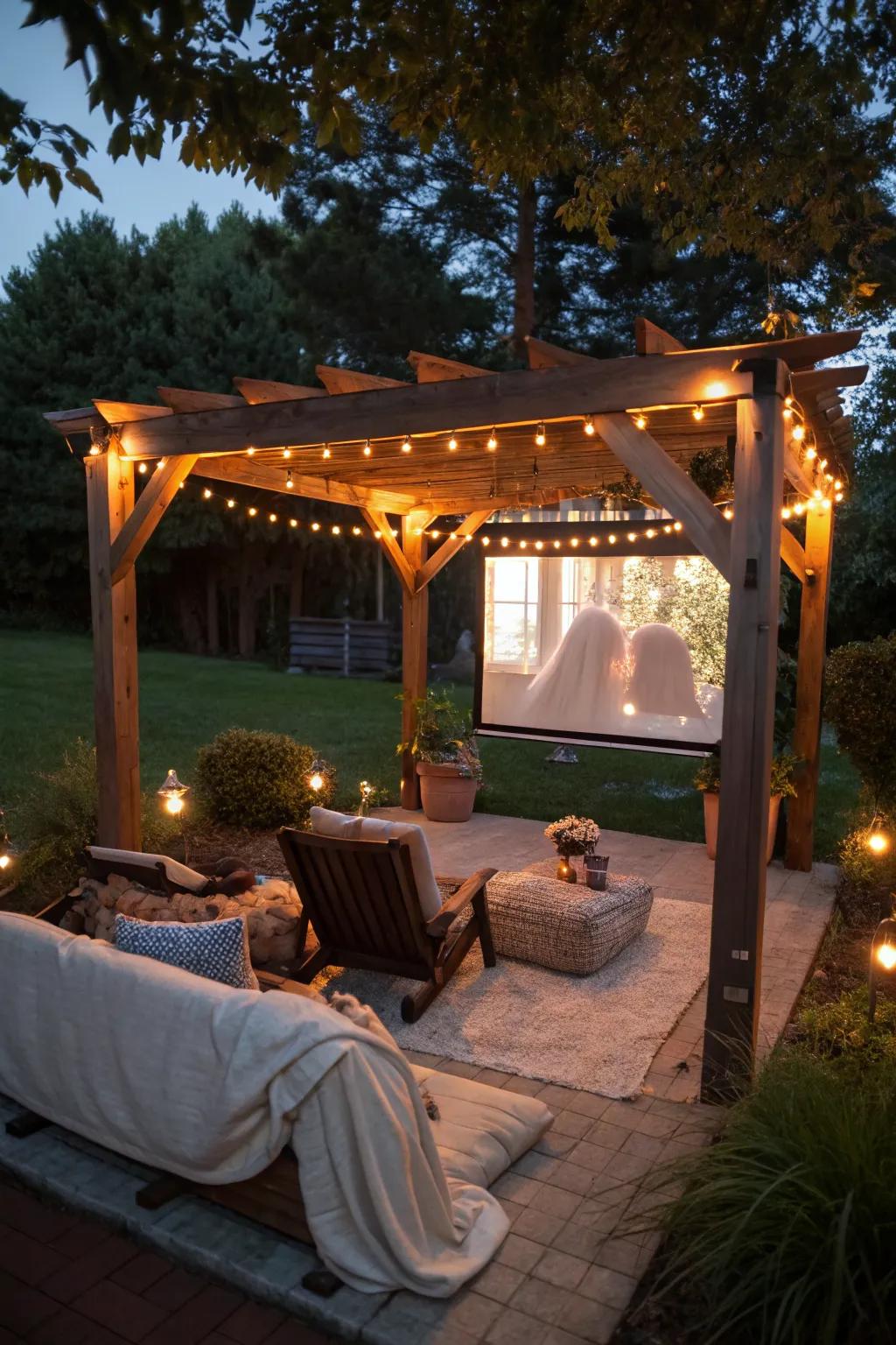 An outdoor movie setup under a pergola brings cinema magic to the backyard.