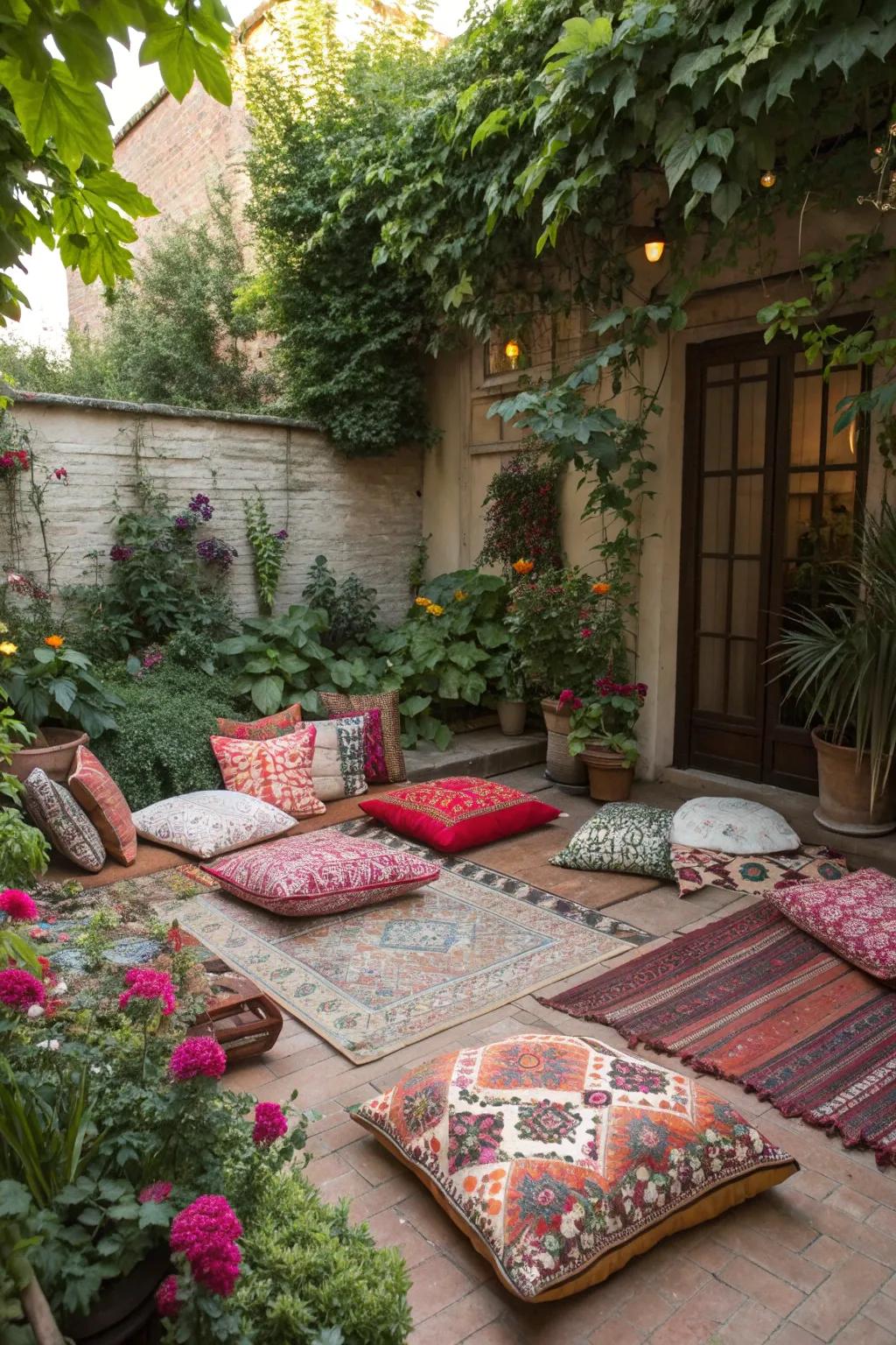Bold patterns add a playful touch to a small courtyard garden.