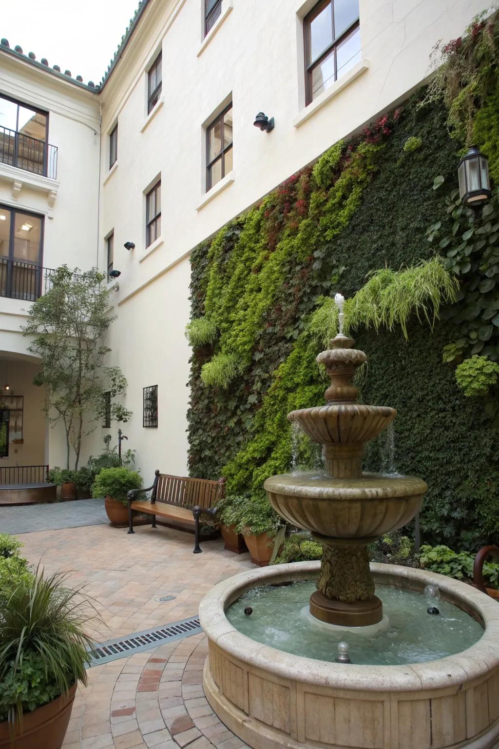 A vertical garden complements the fountain, enhancing the courtyard's greenery.
