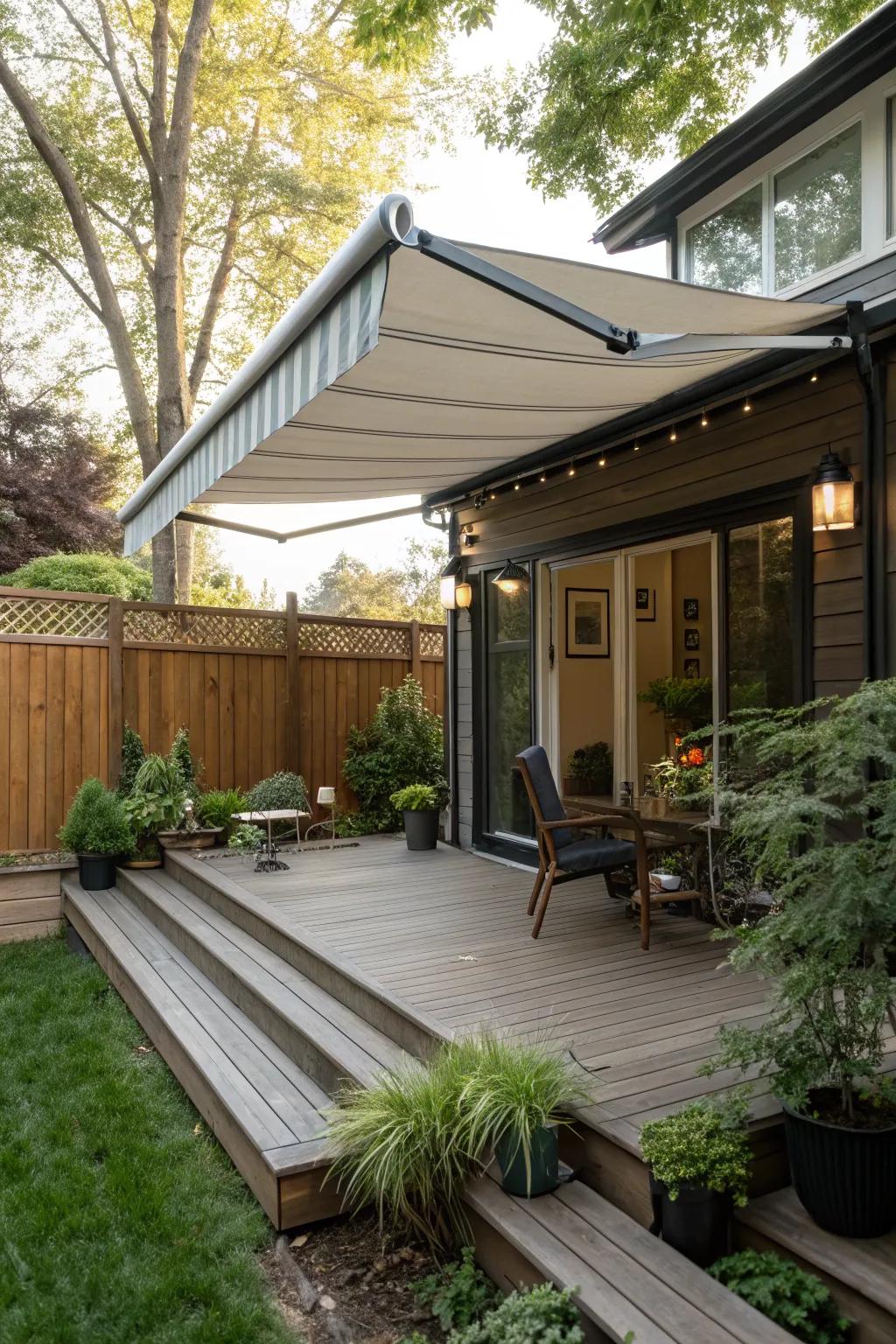 A retractable awning offers shade and flexibility.