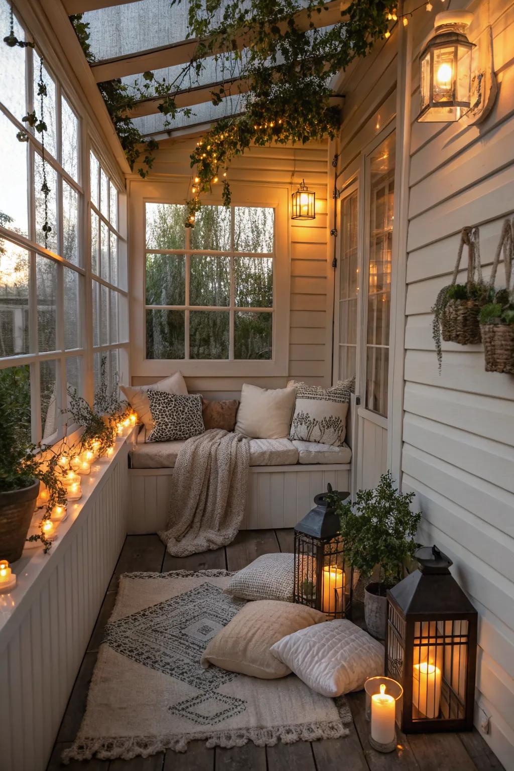 Candlelit charm adds warmth and intimacy to this porch.