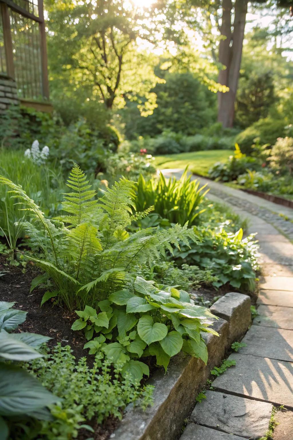 A garden blending ferns with fragrant herbs.