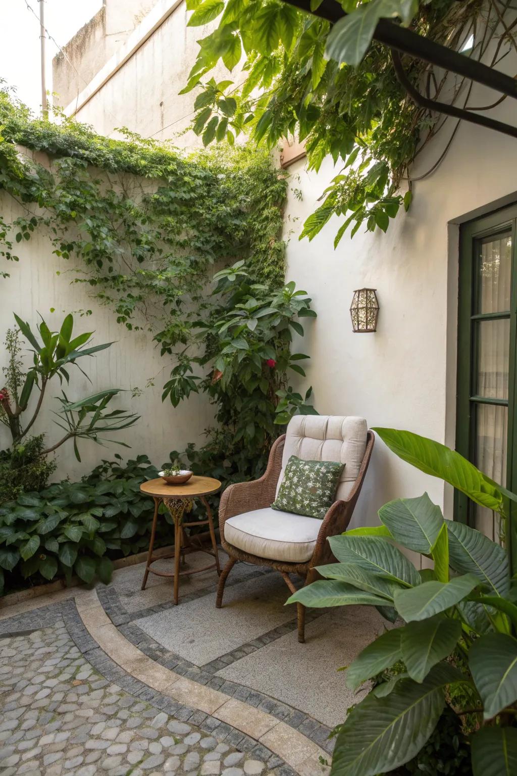 Inviting seating nook for relaxation in a courtyard.