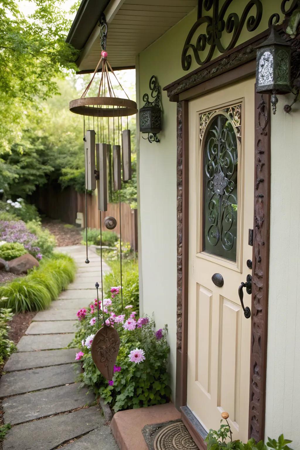 Whimsical wind chimes bring sound and charm to a small front door.