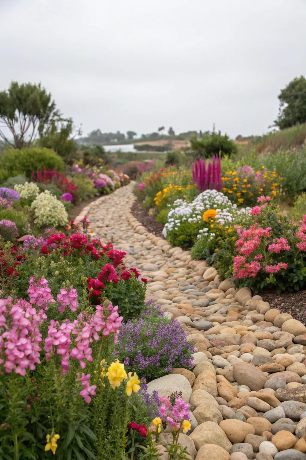 Pebbles and flowers create a lively and colorful garden.
