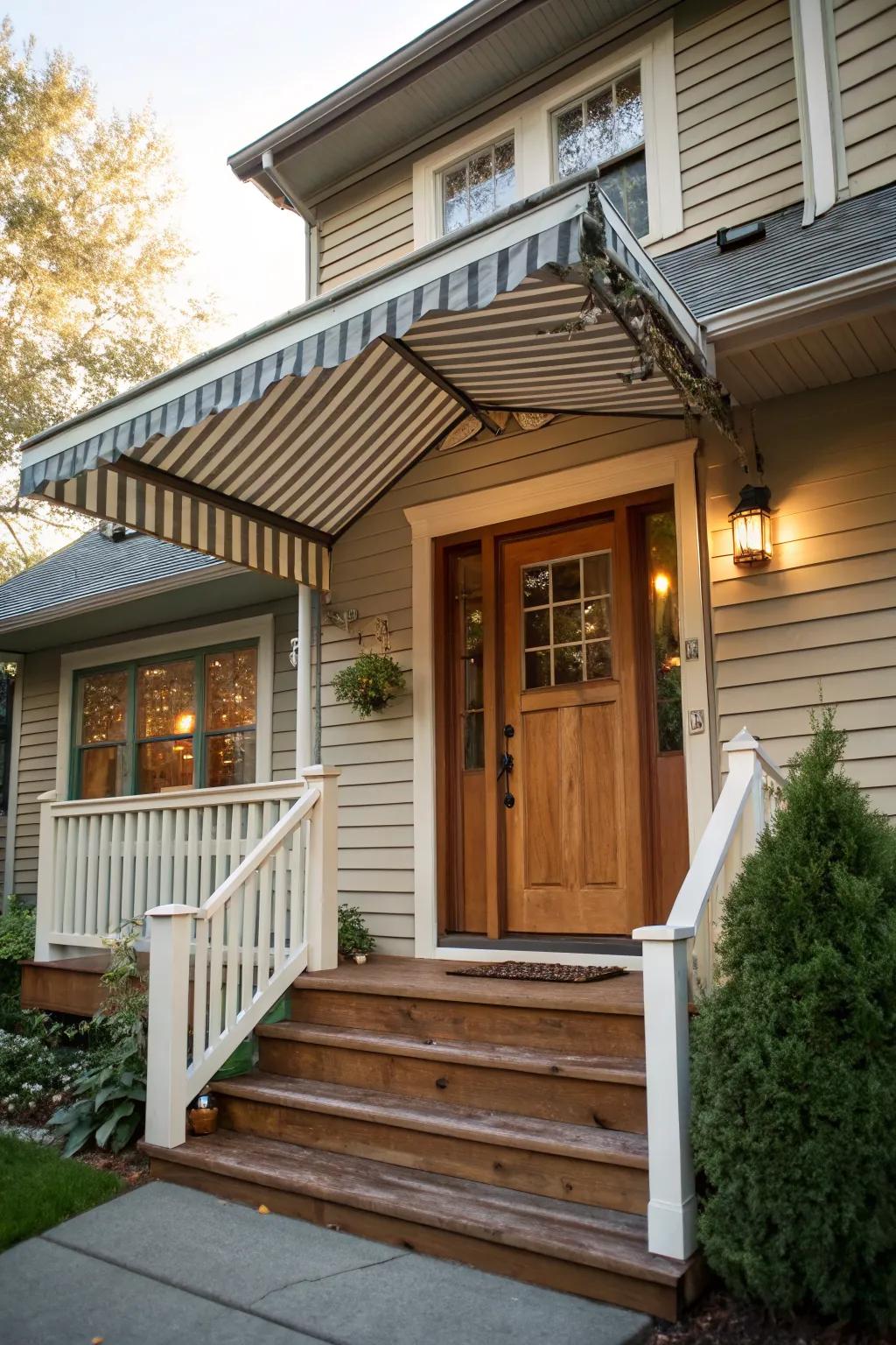 A slatted design awning offers airy shade and modern style.