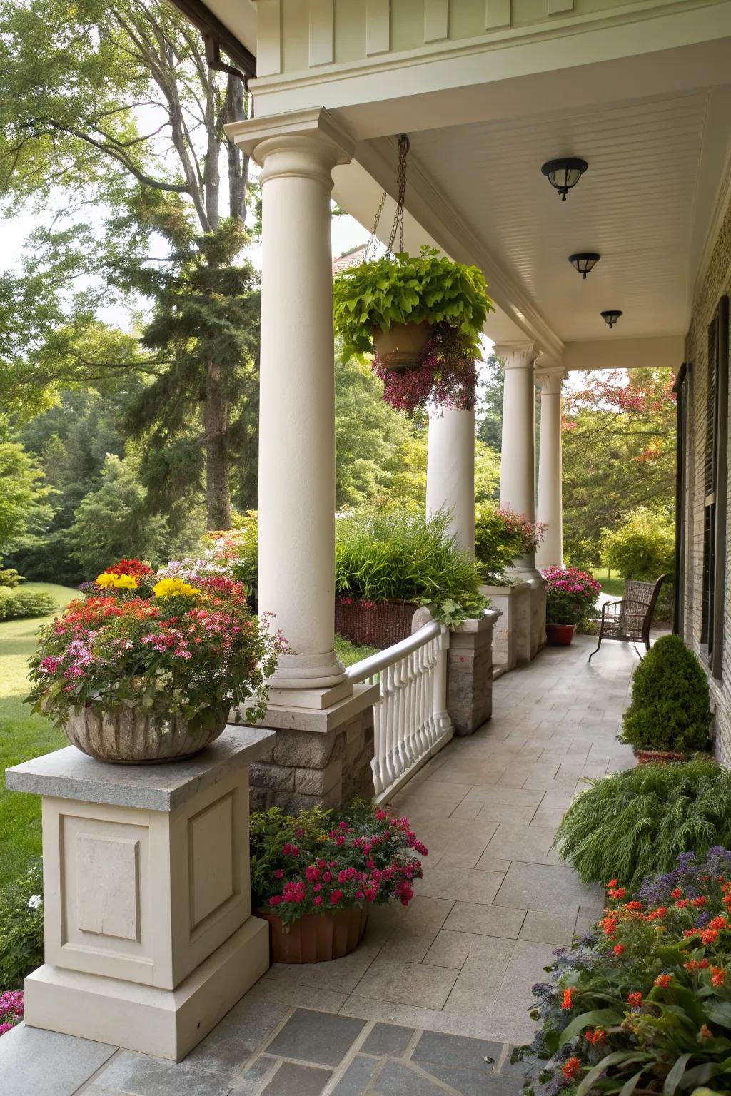 Built-in planters in columns bring a splash of greenery to this inviting porch.