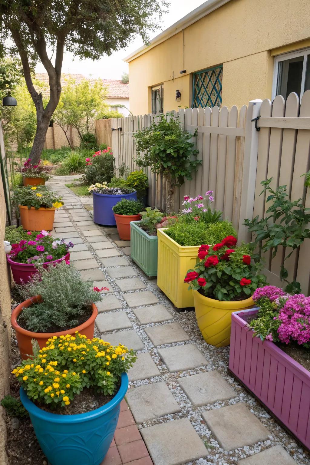 Colorful planters add personality and vibrancy.