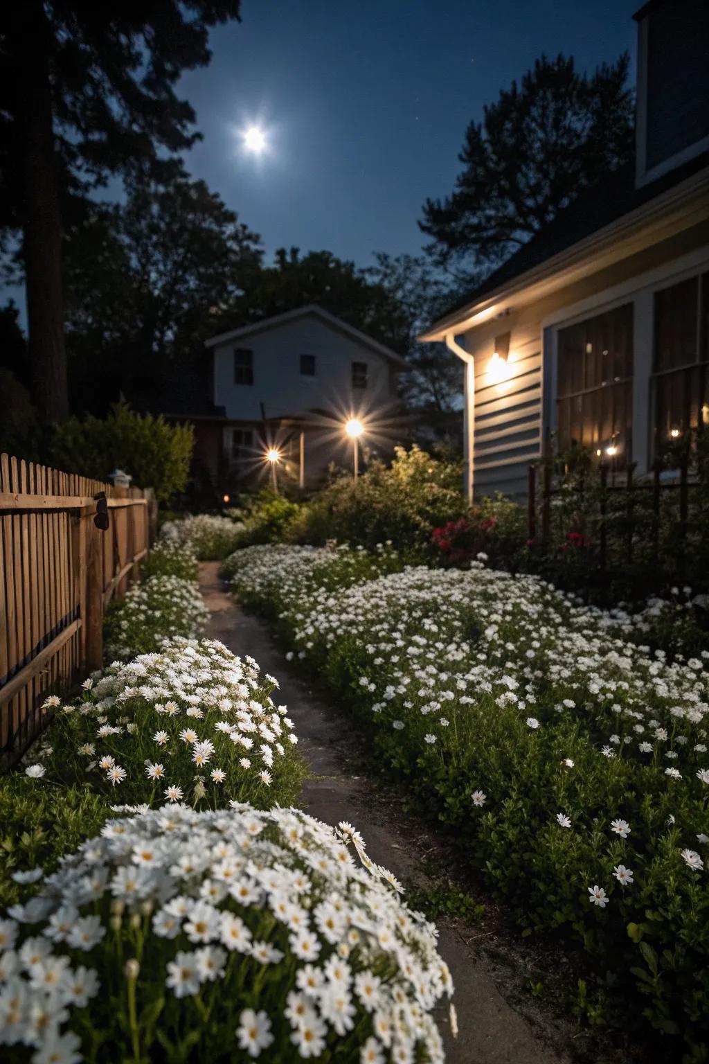 A moonlit white garden offers a magical evening glow.