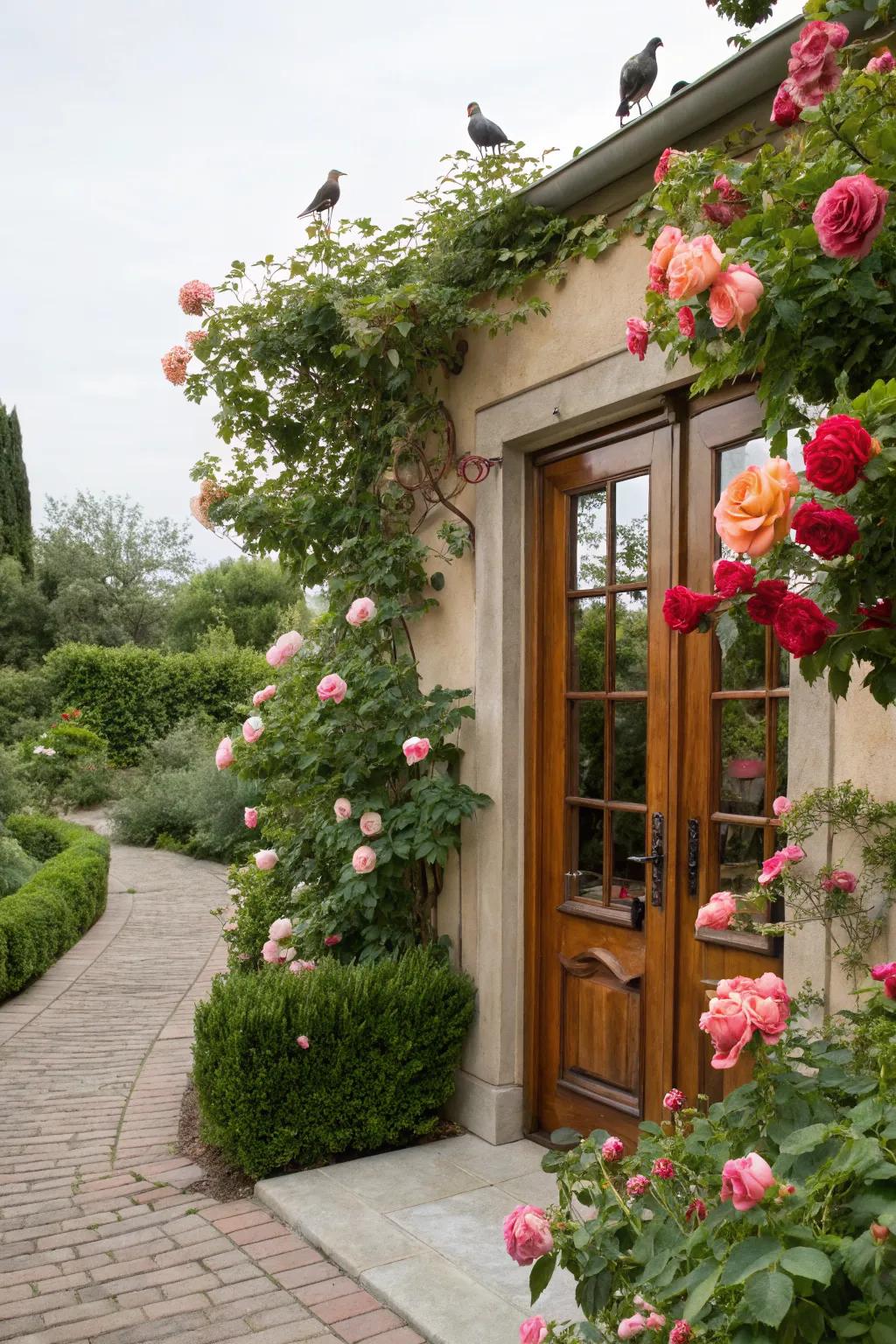 A front entryway enhanced by the sweet aroma of blooming fragrant roses.