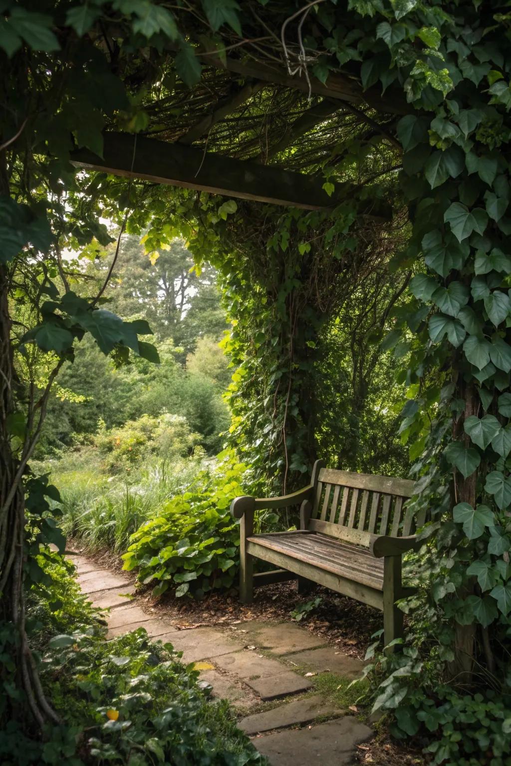 Secret garden bench hidden away for ultimate relaxation.
