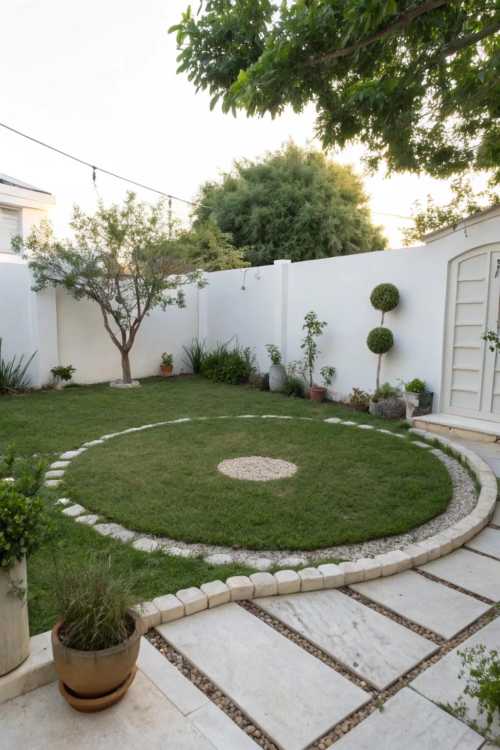 A minimalist garden design with a sleek circular lawn.
