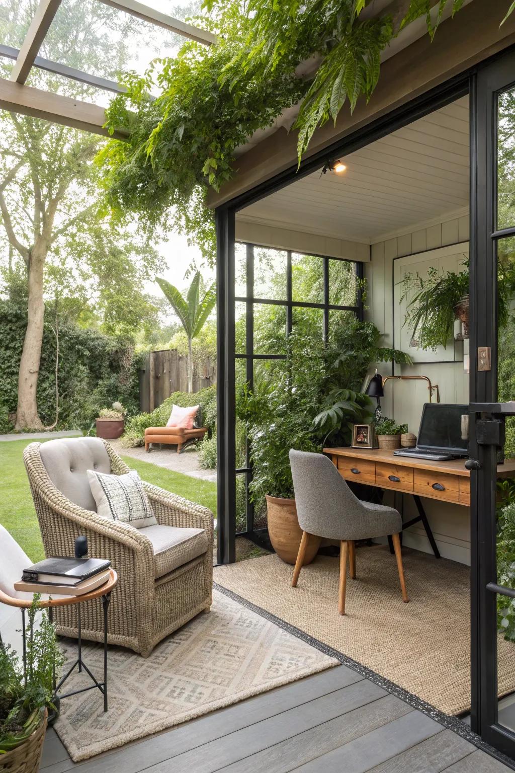A hybrid office brings the best of both worlds with indoor comfort and outdoor connection.