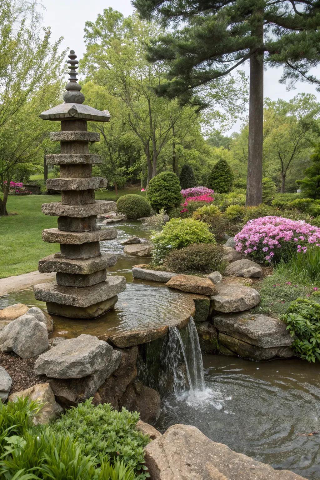 Stacked stones create a sculptural water feature.