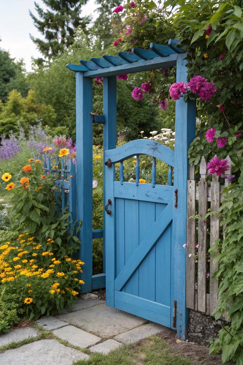 A painted wooden gate adding a pop of color.