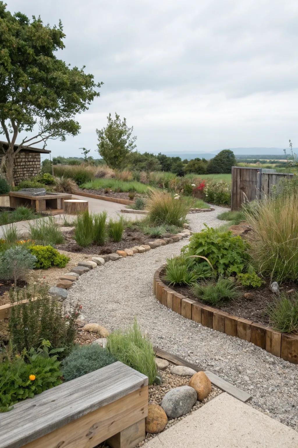 Eco-friendly gravel supports sustainable garden practices.