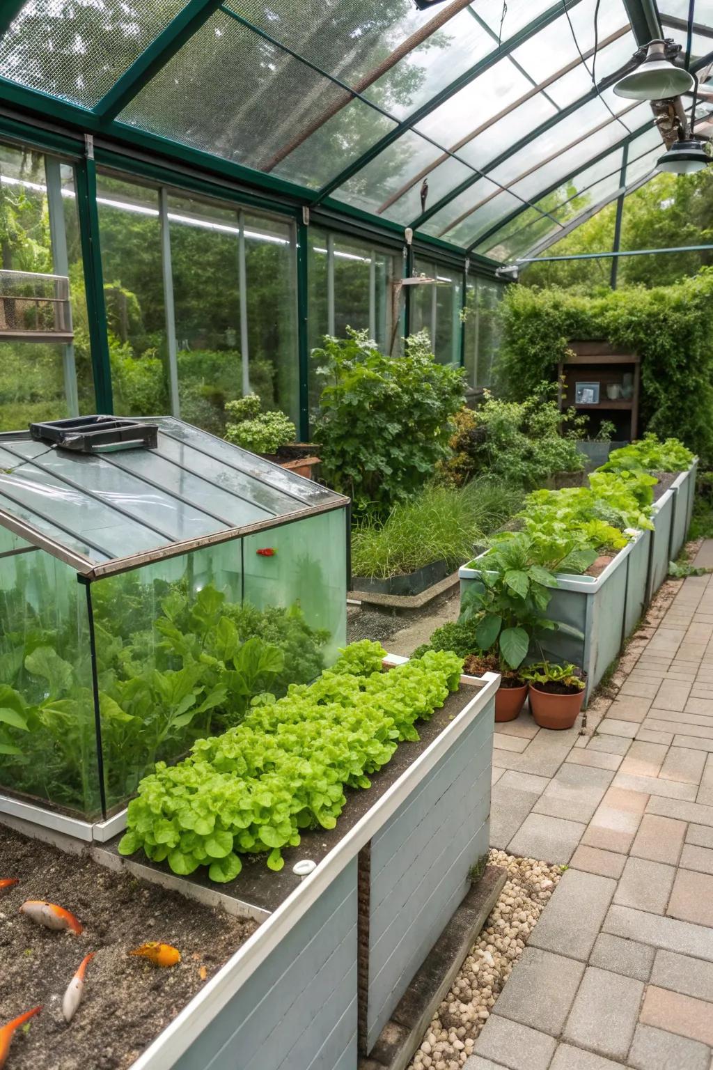 An innovative aquaponics greenhouse combining plant and fish cultivation.