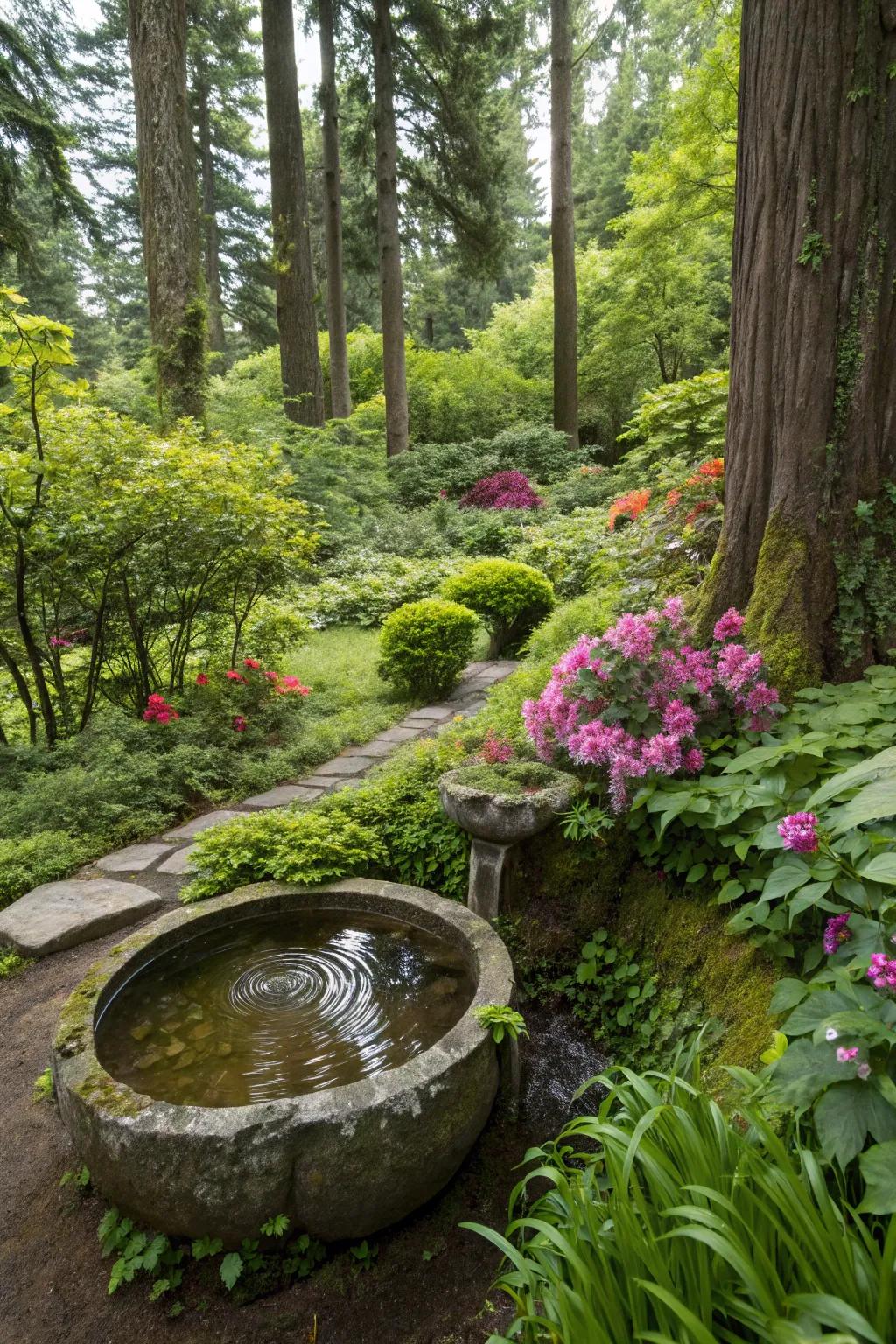 A small water basin adds tranquility to the lush garden.