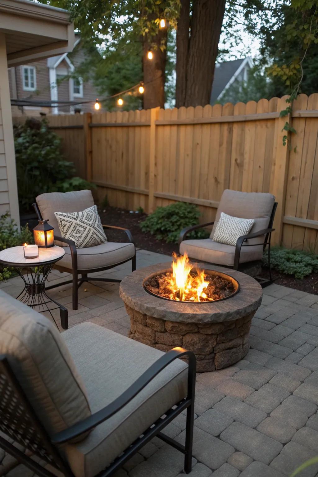 A fire pit creating a warm focal point on a small patio.