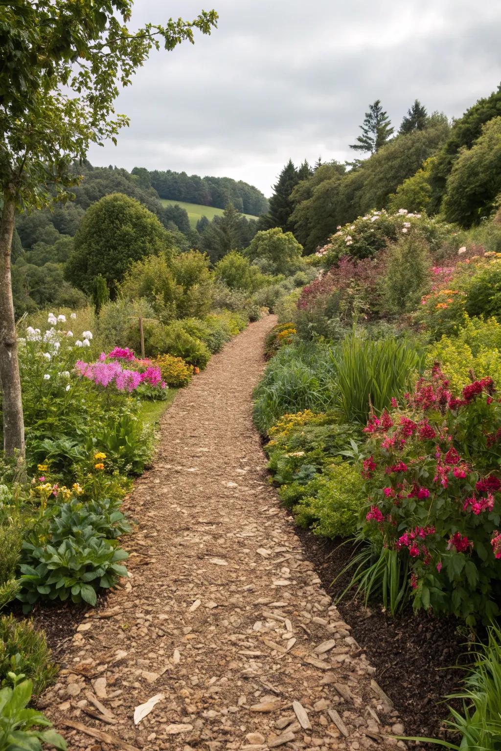 A natural, textured path made of bark mulch.