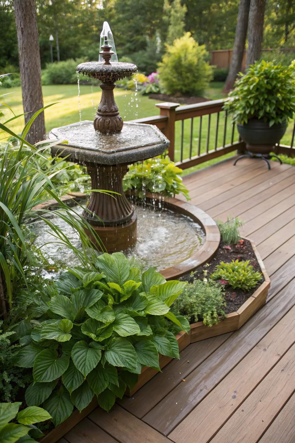 A tranquil water feature enhancing a small deck.