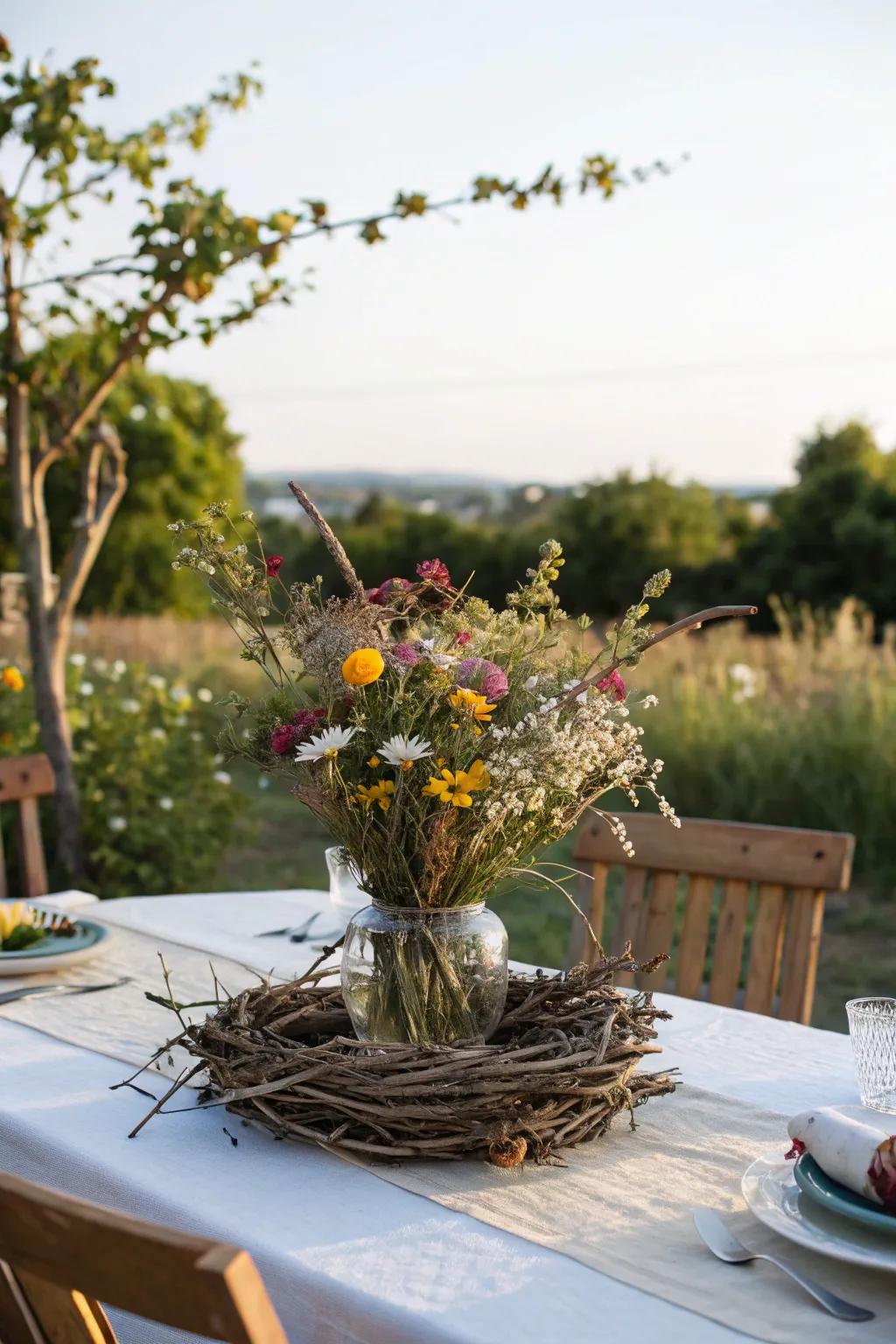 DIY centerpieces bring a personal touch to outdoor dining tables.