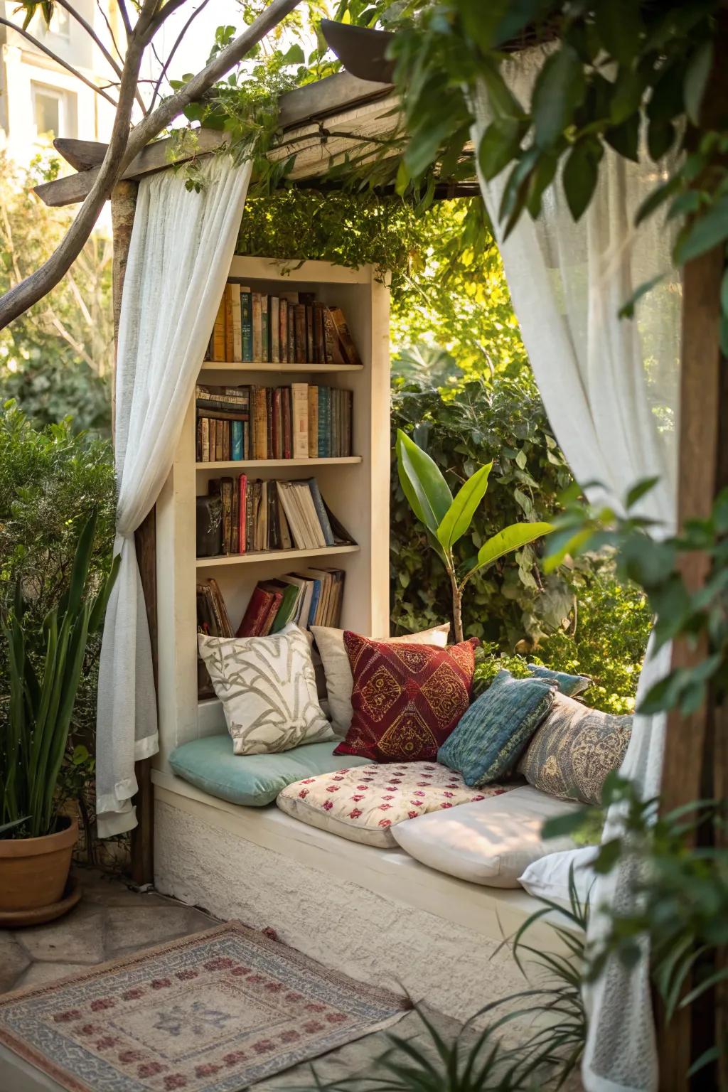 Outdoor reading nooks offer relaxation and inspiration.