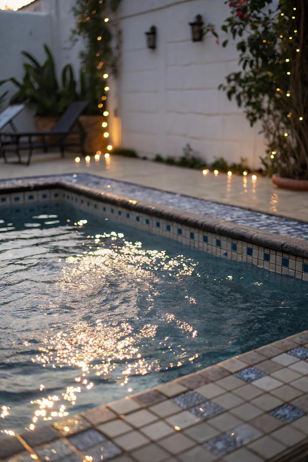 Reflective tiles add a touch of magic to a small patio pool.