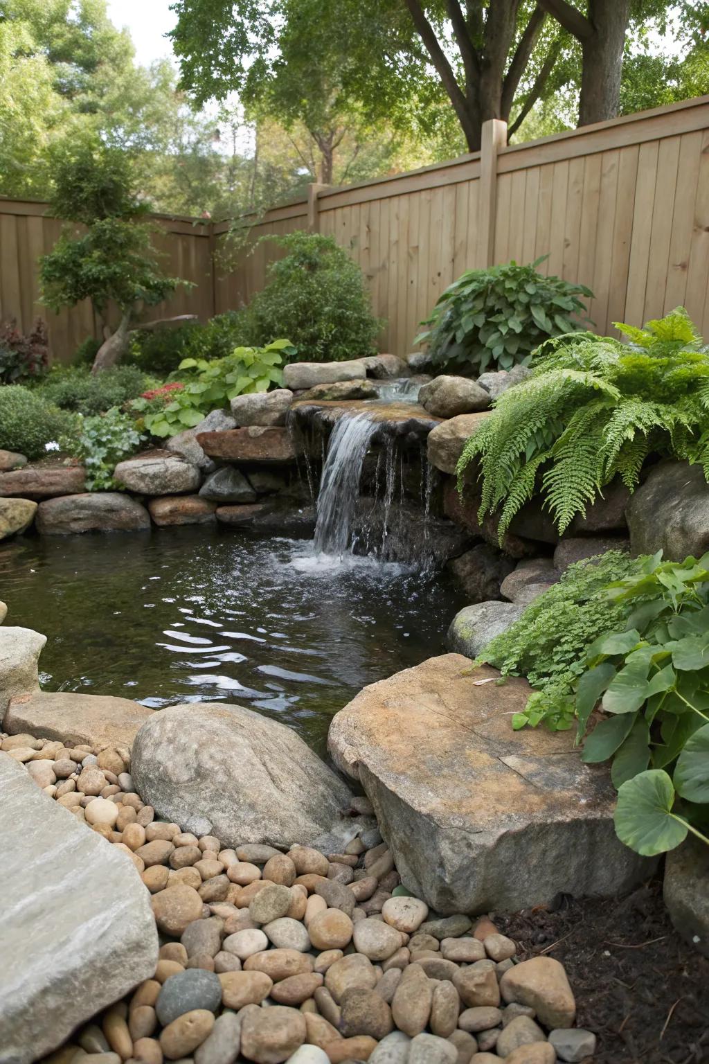Accent a small waterfall with pebbles for a natural effect.