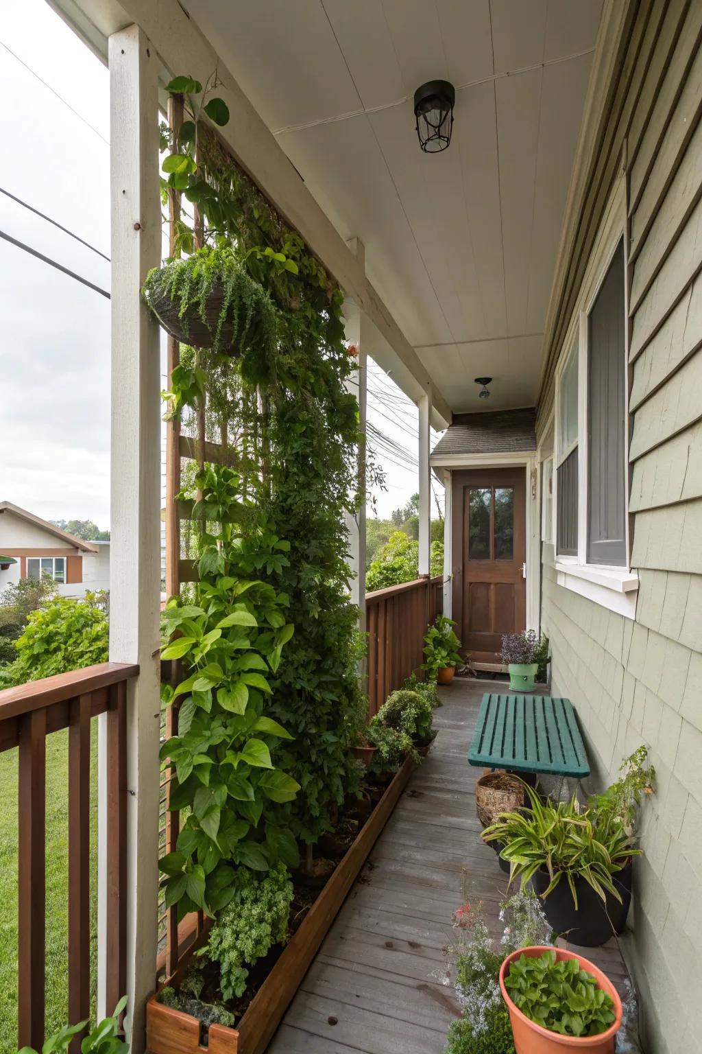 A vertical garden adds greenery without using floor space.