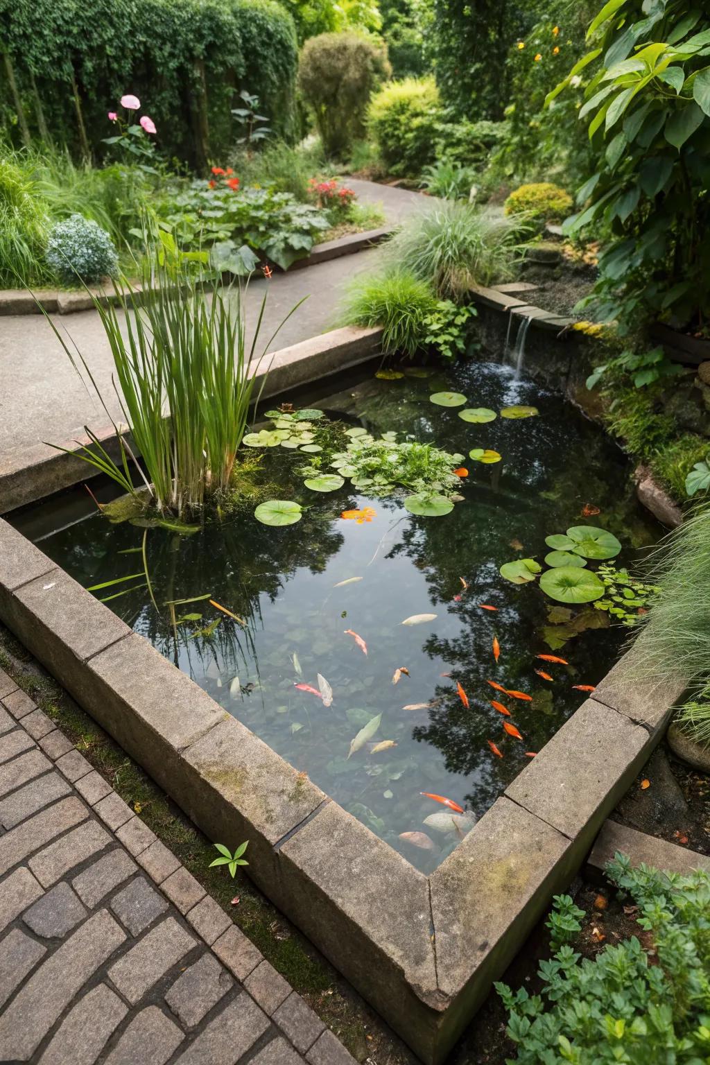 A micro eco-system pond brimming with life and interaction.