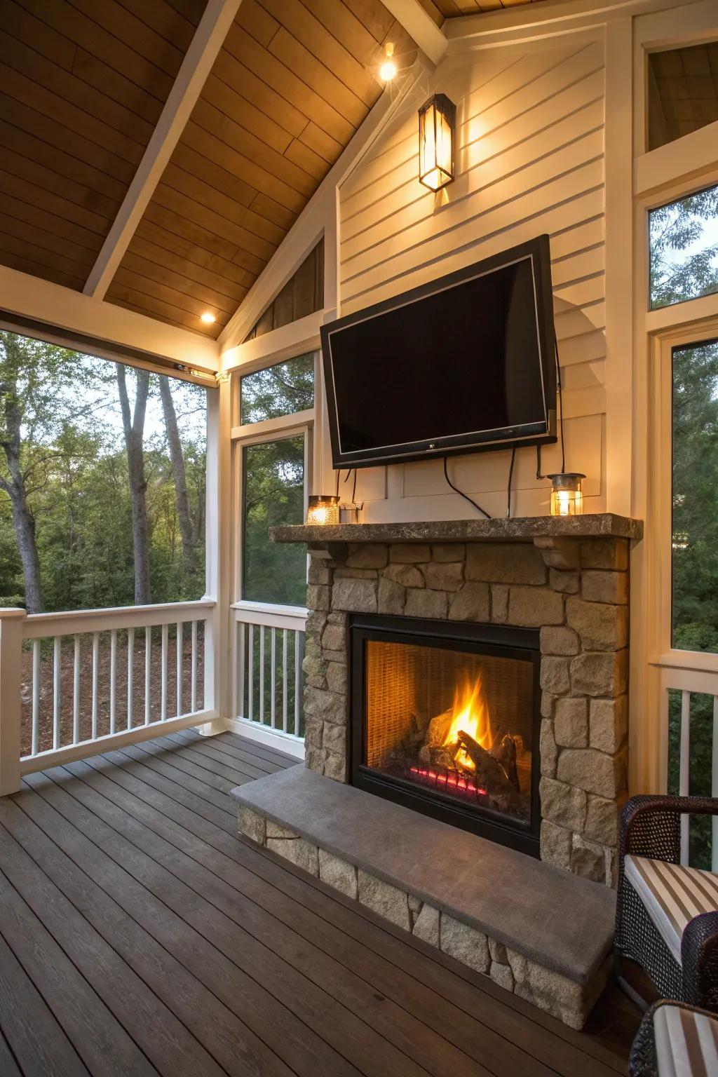 A TV mounted above the fireplace turns the porch into an entertainment hub.