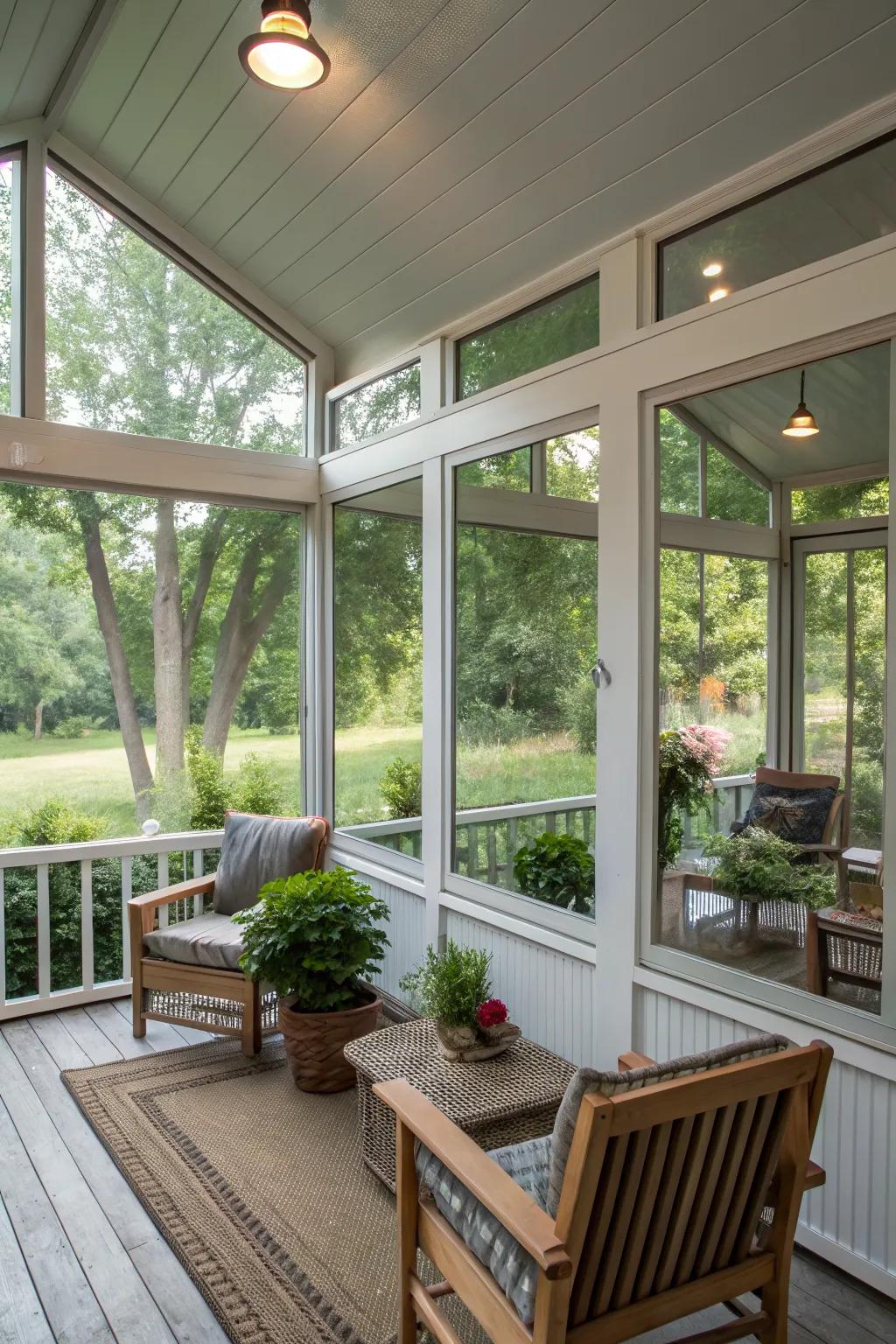 Reflective mirrors make a small porch feel larger and brighter.