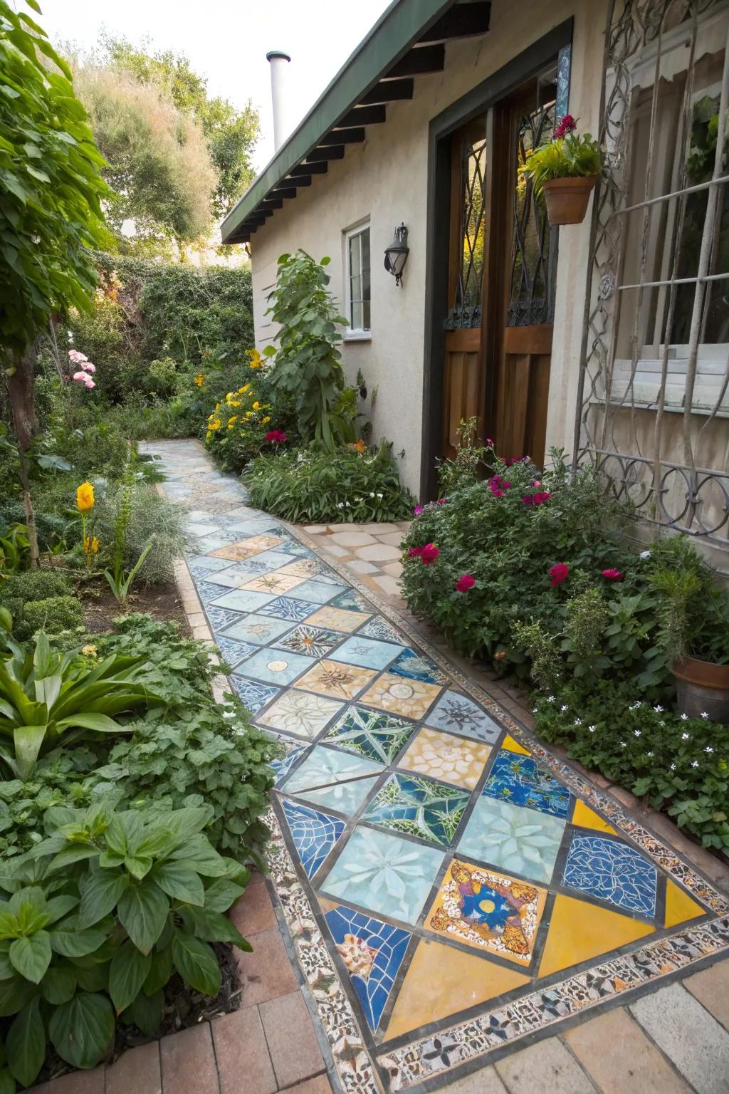 Tile mosaics infuse color and artistry into outdoor spaces.