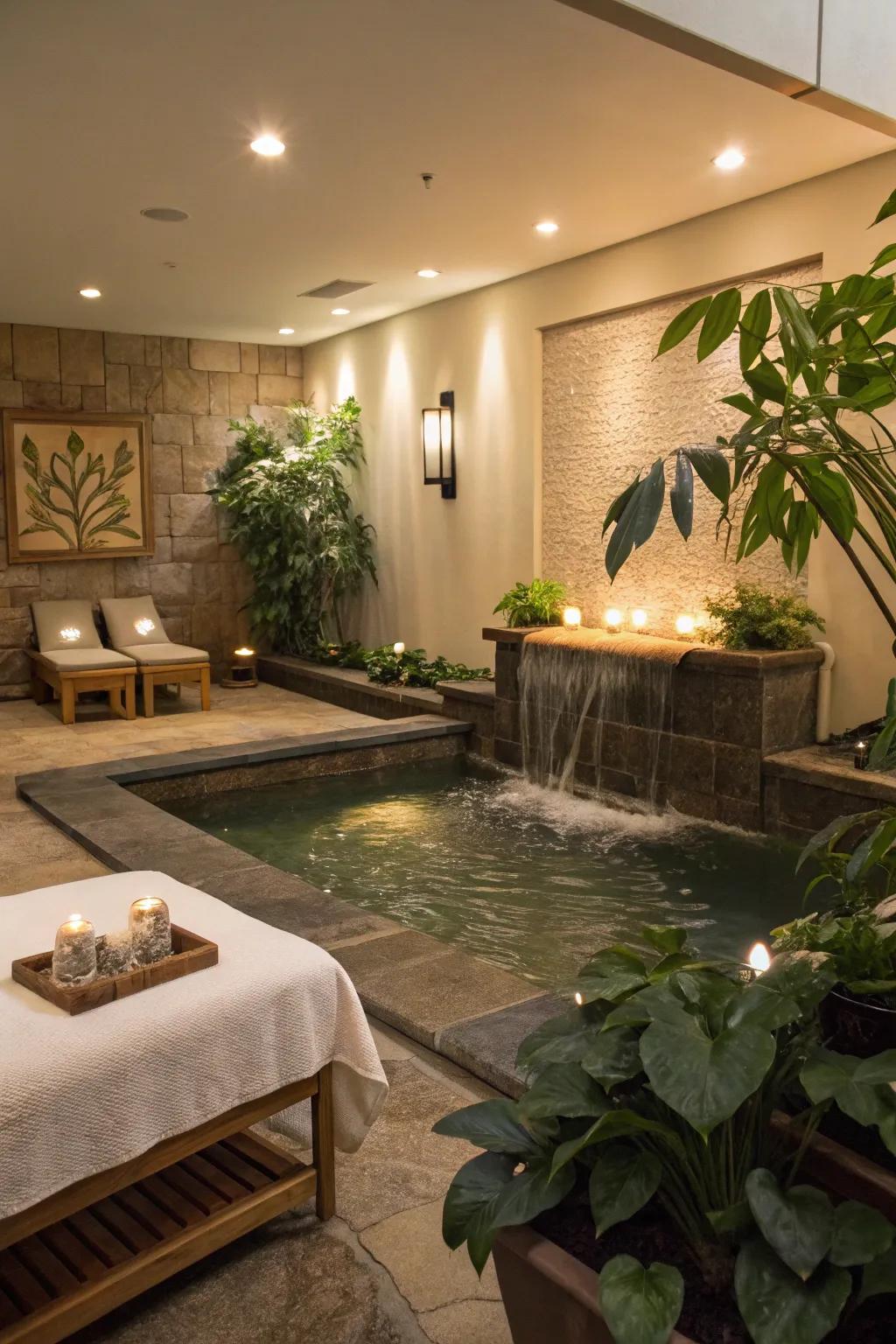 A calming water feature enhances the tranquil atmosphere.