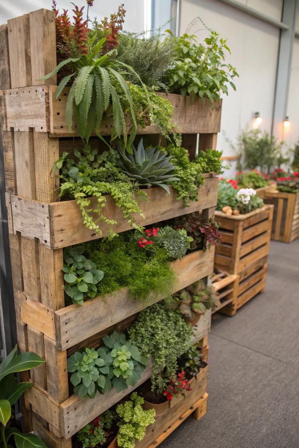 Pallet gardens are a sustainable and stylish way to grow vertically.