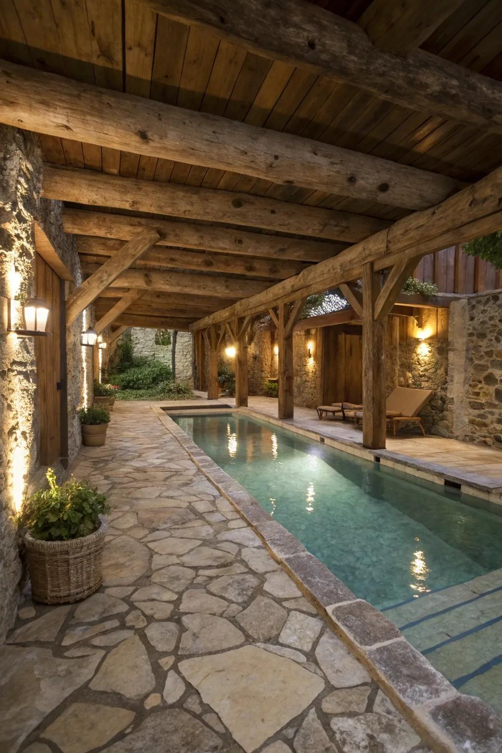 Rustic elements create a warm, inviting splash pool area.