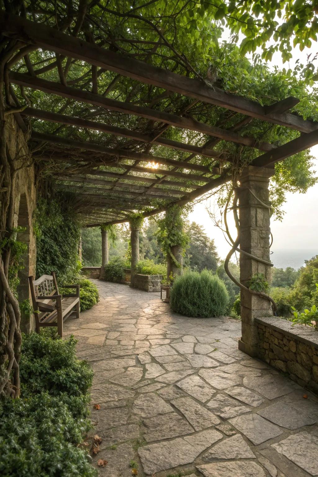 A pergola offers shade and elegance, with climbing plants for charm.