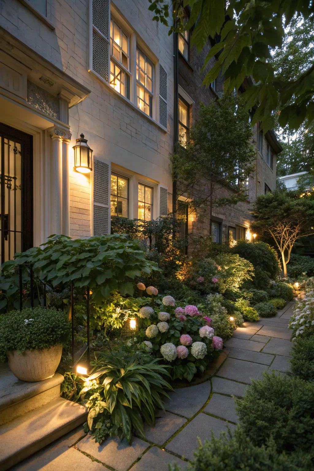 Soft lighting transforms this townhouse front garden into a magical evening retreat.