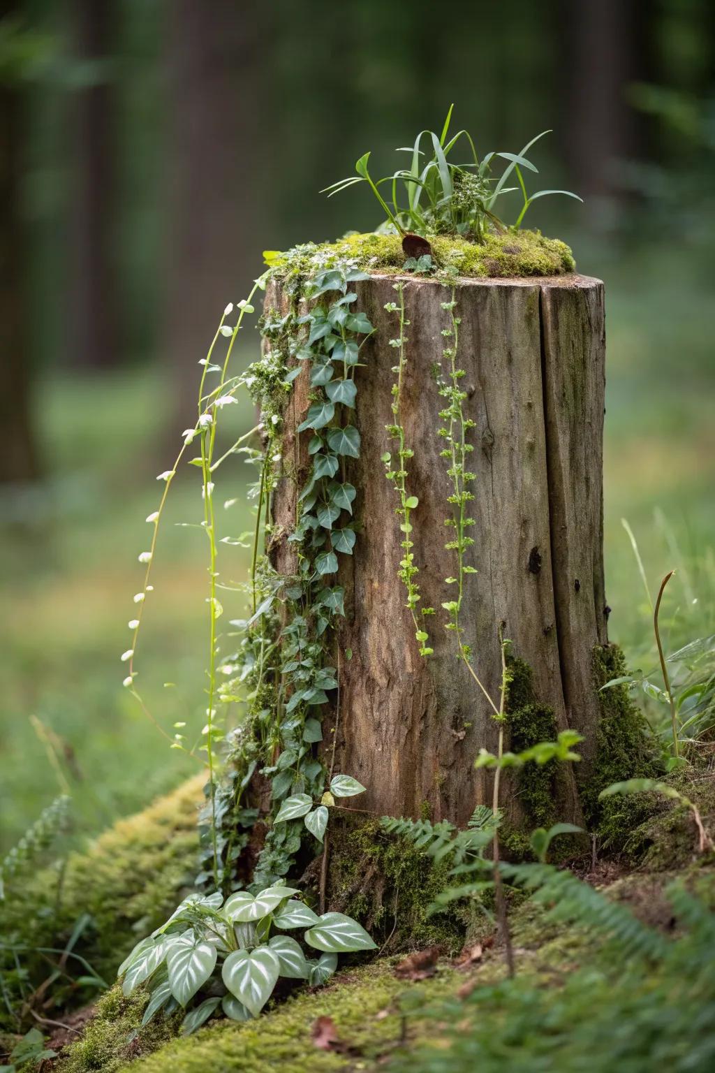 A vertical plant display on a small tree stump.