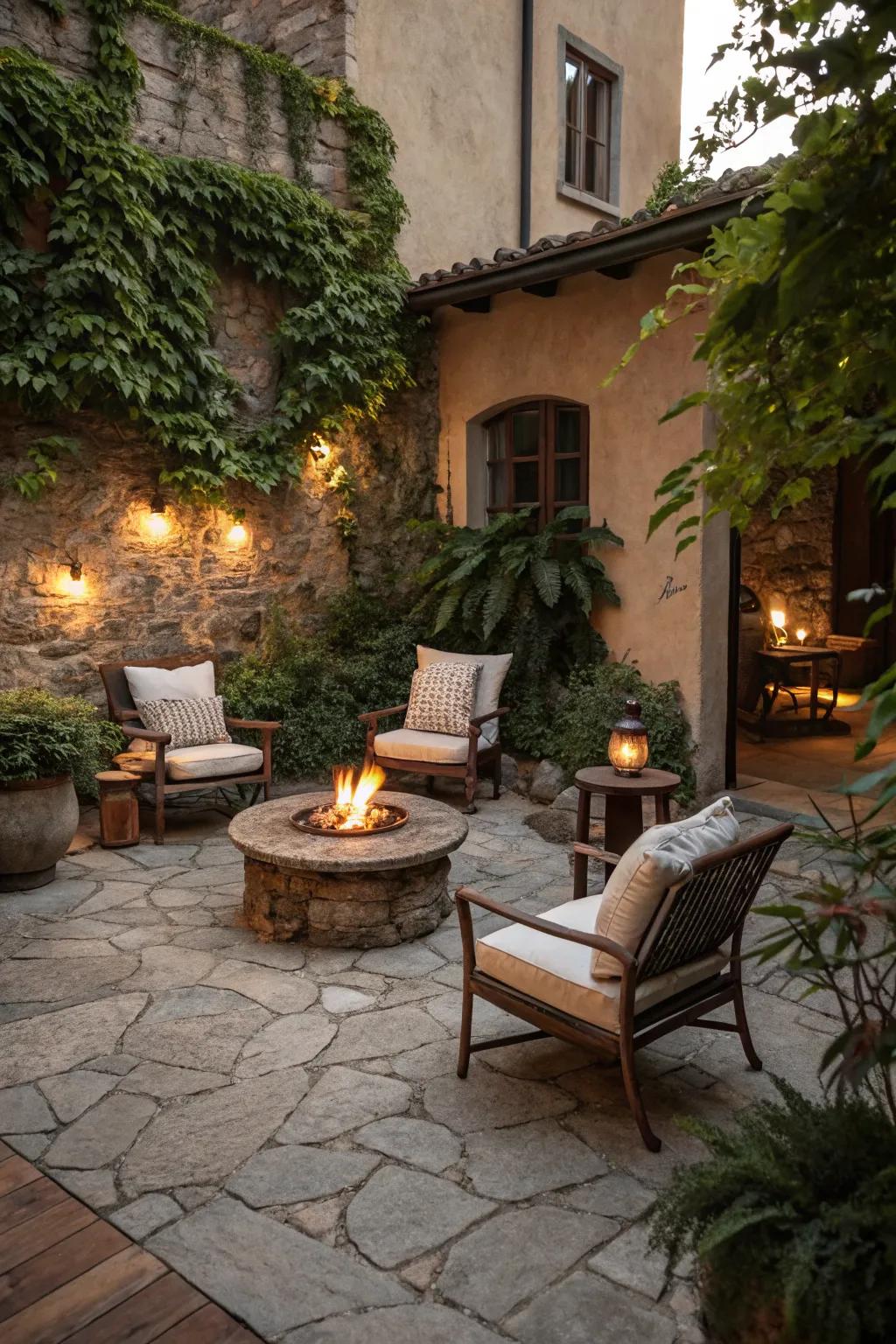 A fire pit creates a warm gathering spot on this Tuscan patio.