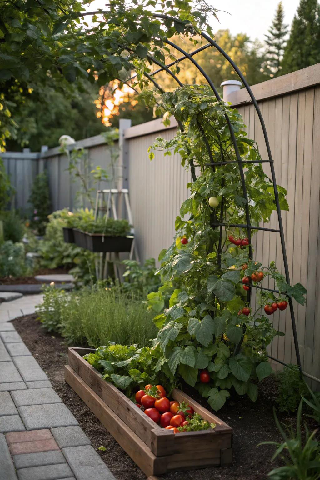 A small garden trellis with thriving climbing vegetables