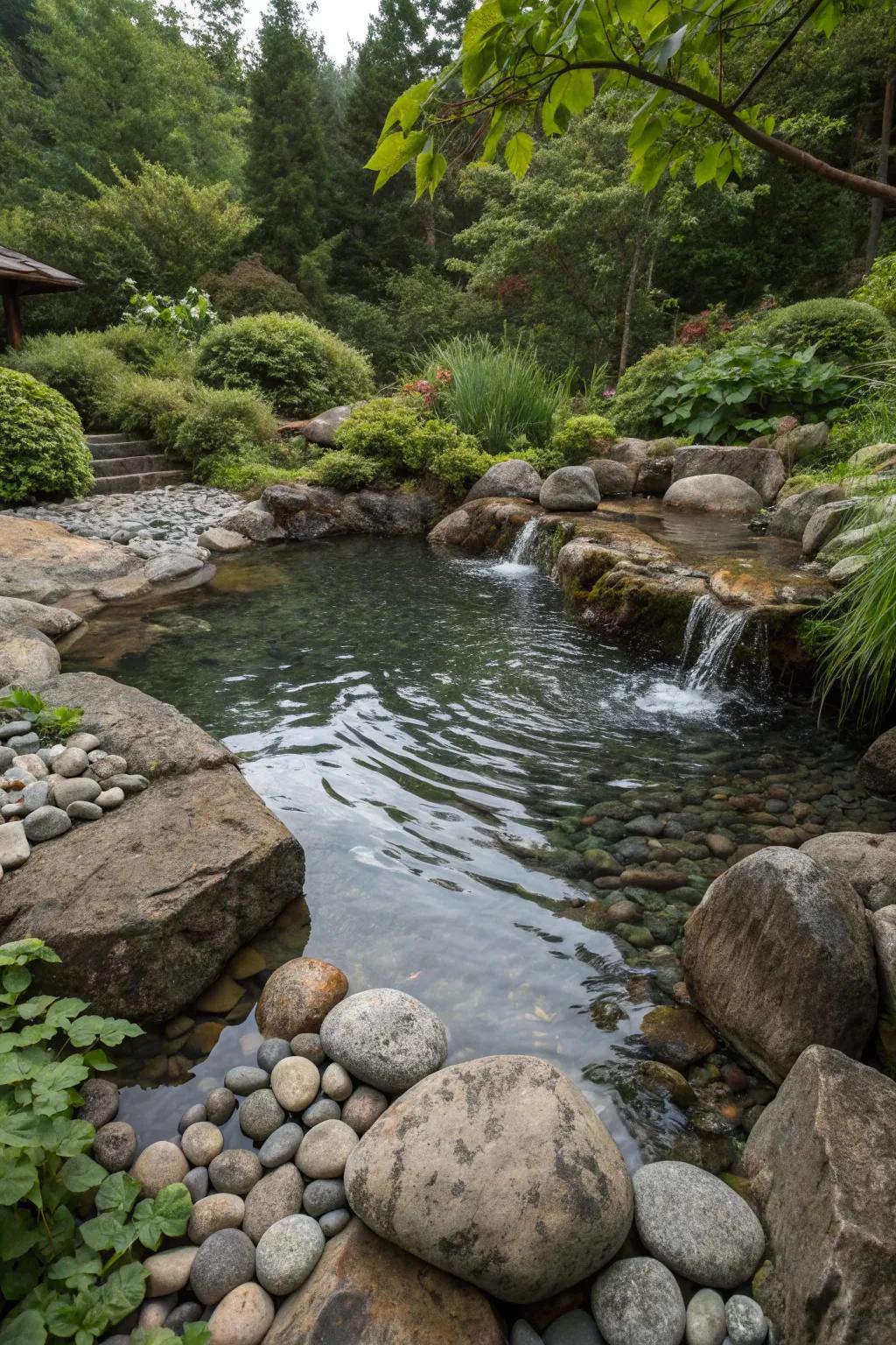 A rocky pool creating a serene and naturalistic water feature.